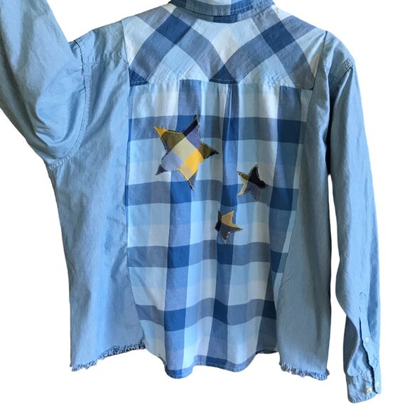 Mixed Plaid Button-Down Shirt, M-XL: Upcycled Oversized Boho Top, Stars & Fringe - Picture 8 of 10